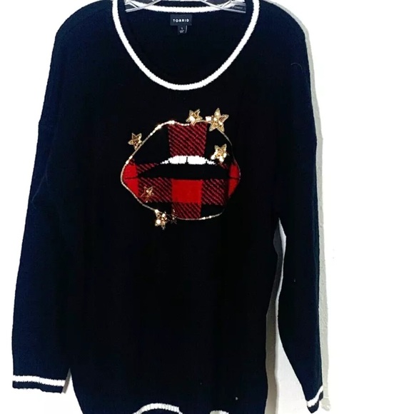 Torrid pullover sweater knit Sz 1 black red Lips plaid gold sequin stars top - Picture 1 of 5